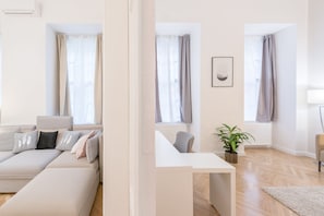 2 bedrooms, premium bedding, desk, laptop workspace