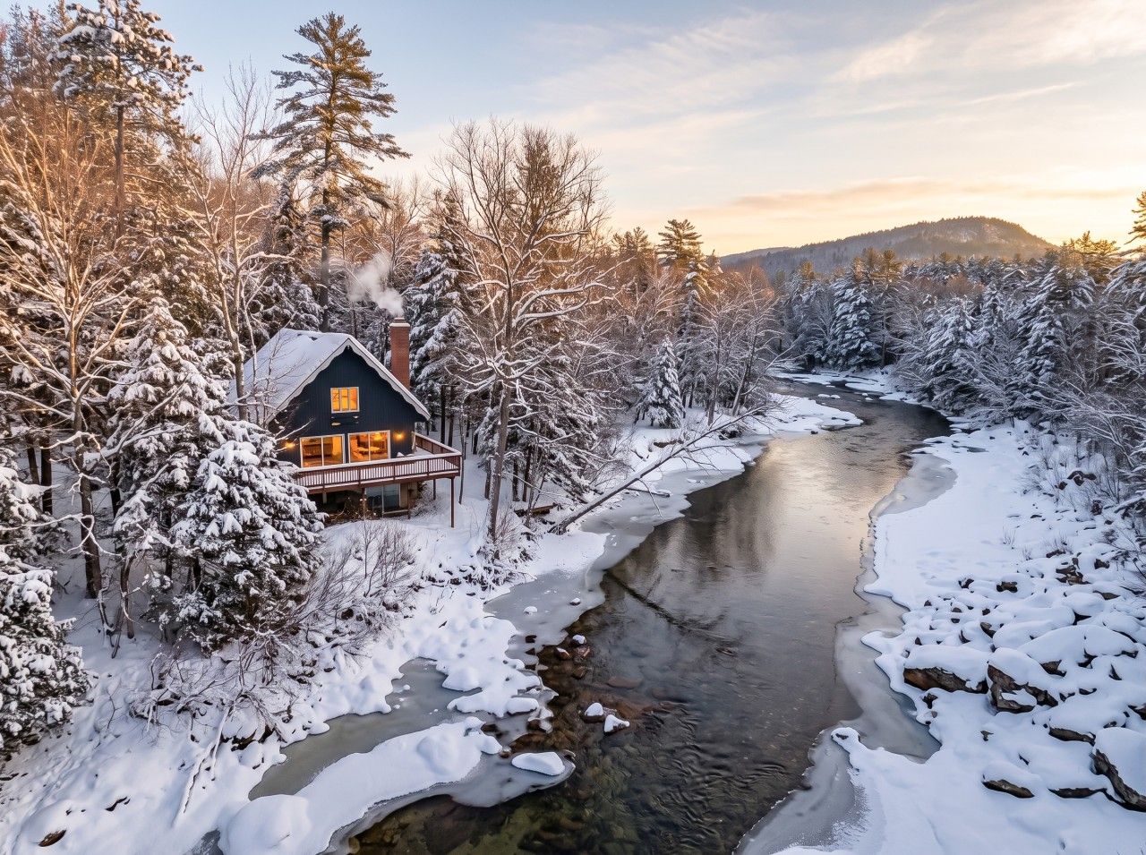 Una cabaña junto a un río, con árboles cubiertos de nieve y un cielo despejado.