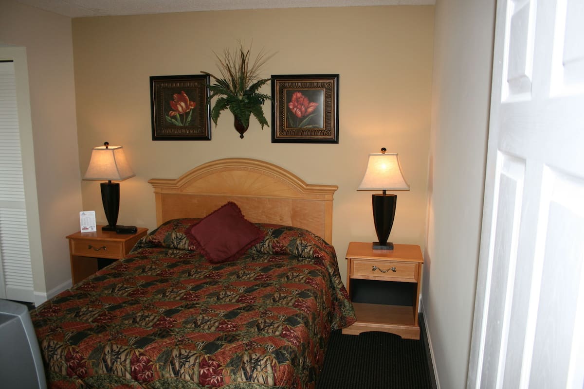 A hotel room with a bed, two bedside tables with lamps, a nightstand, a wall-mounted plant, and two framed pictures.