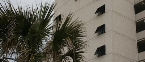 Edificio del Kingfisher Inn con diversi piani, balconi e palme davanti.