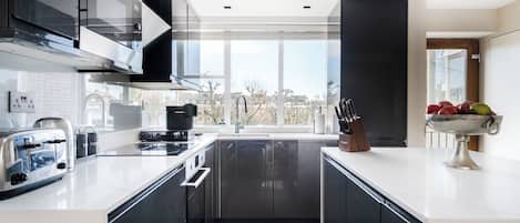 Appartamento Luxury | Cucina privata | Frigorifero con congelatore, microonde, forno, piano cottura