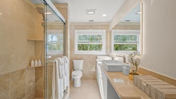 Shower, hair dryer, towels