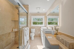 Shower, hair dryer, towels