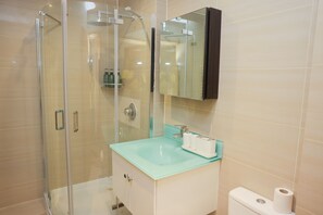 Regadera, toallas, jabón, shampoo 