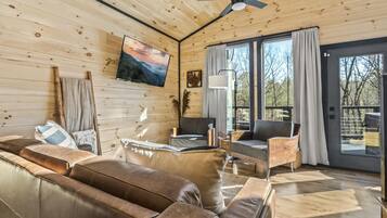 Smart TV, fireplace, books