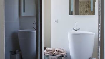 Une salle de bain moderne dotée d’une grande baignoire, d’une douche séparée et d’un meuble-lavabo avec un miroir.