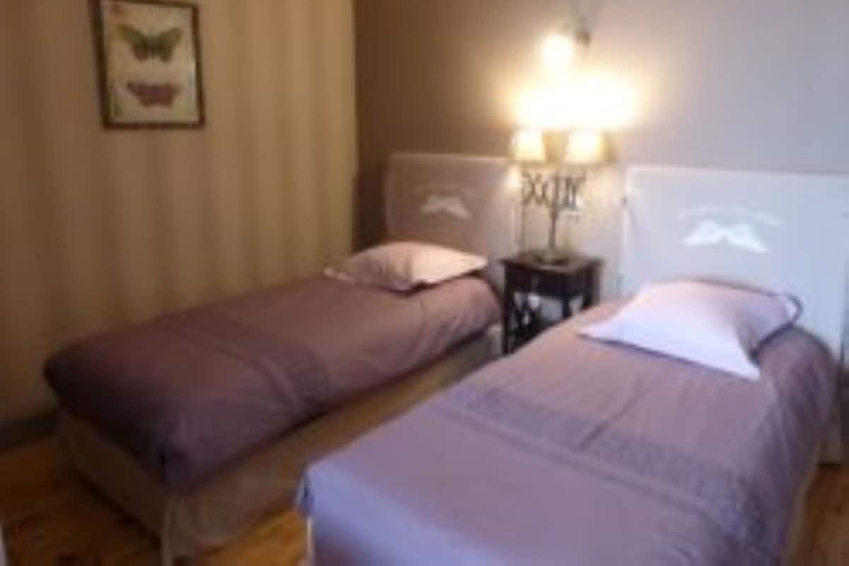 Een kamer met twee eenpersoonsbedden, een nachtkastje met lamp en een wandplank.