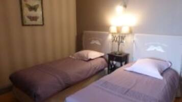 Une chambre avec deux lits simples, une table de chevet avec une lampe et une étagère fixée au mur.