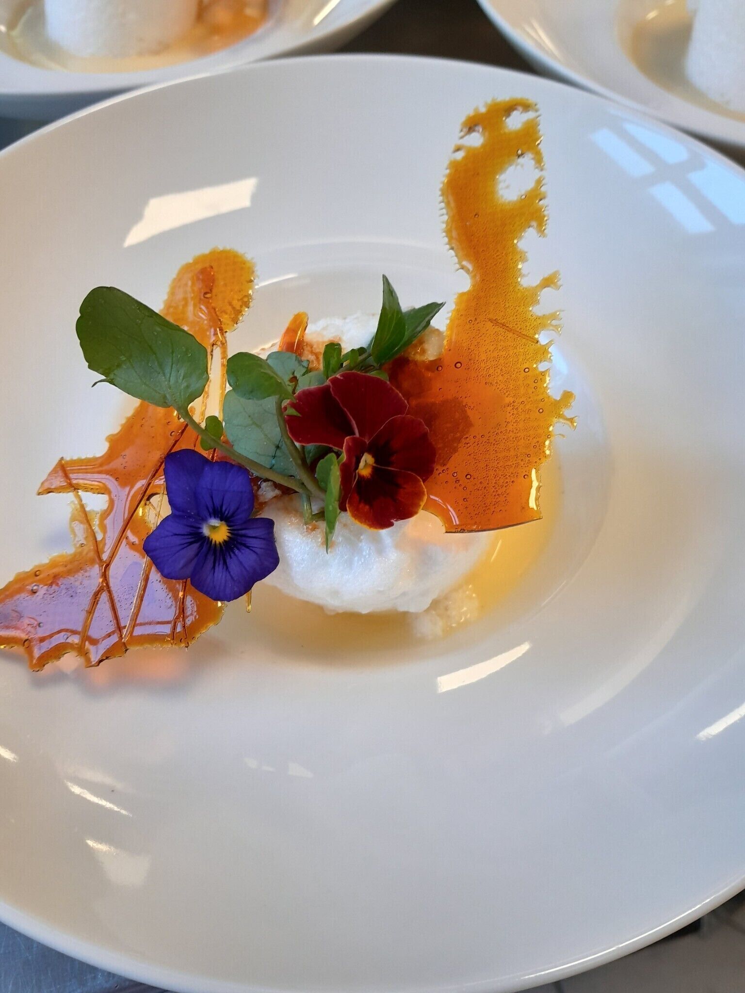 A white plate with a dessert featuring a dollop of cream, a purple flower, a red flower, green leaves, and a drizzle of orange syrup.