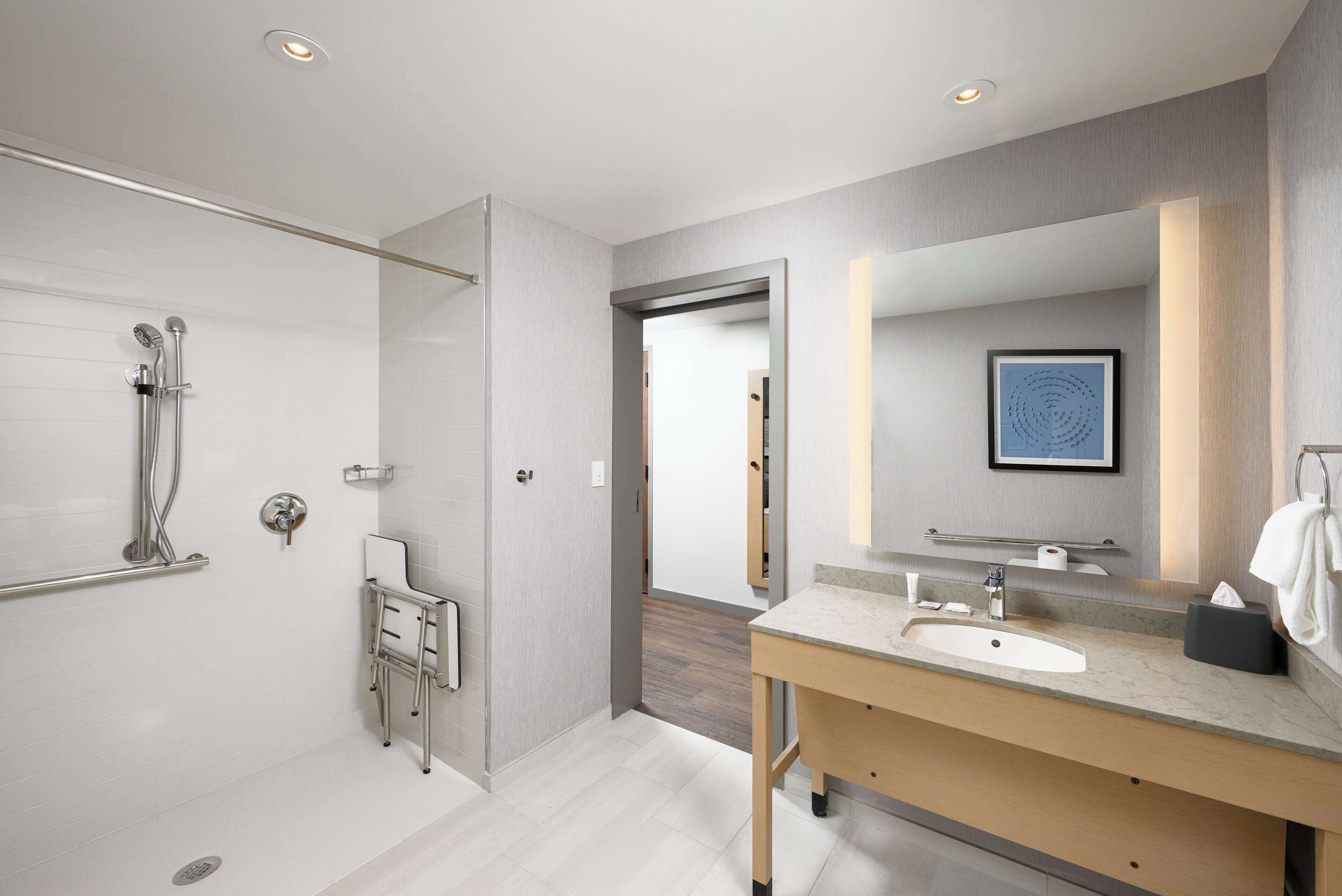 A modern bathroom with a walk-in shower, a vanity with a sink, and a large mirror.
