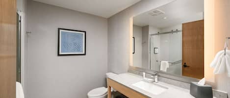 A modern bathroom with a toilet, sink, and mirror.