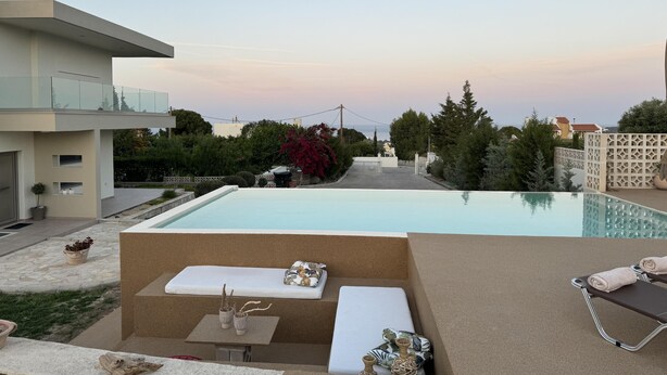 Ein moderner Poolbereich im Freien mit Liegestuhl und kleinem Tisch, umgeben von einem angelegten Garten und Blick auf die Nachbarschaft.