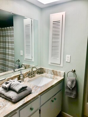 Hair dryer, towels, soap, shampoo