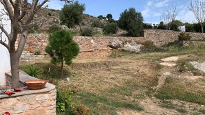 A stone wall, a tree, and a small garden area with a path.