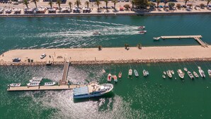 Una marina con barcos amarrados, un muelle que se adentra en el agua y una zona de playa con sombrillas y palmeras.