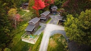 Zona residencial con varias casas, un camino de entrada y un bosque circundante.