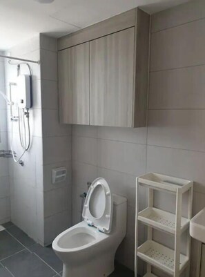 Regadera, secadora de cabello, bidet, toallas 