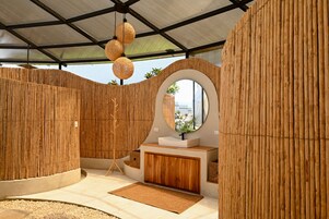 Jetted tub, hydromassage showerhead, towels, soap