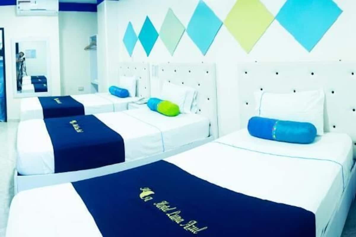 A hotel room with two beds, a desk, a chair, a TV, and a bathroom.