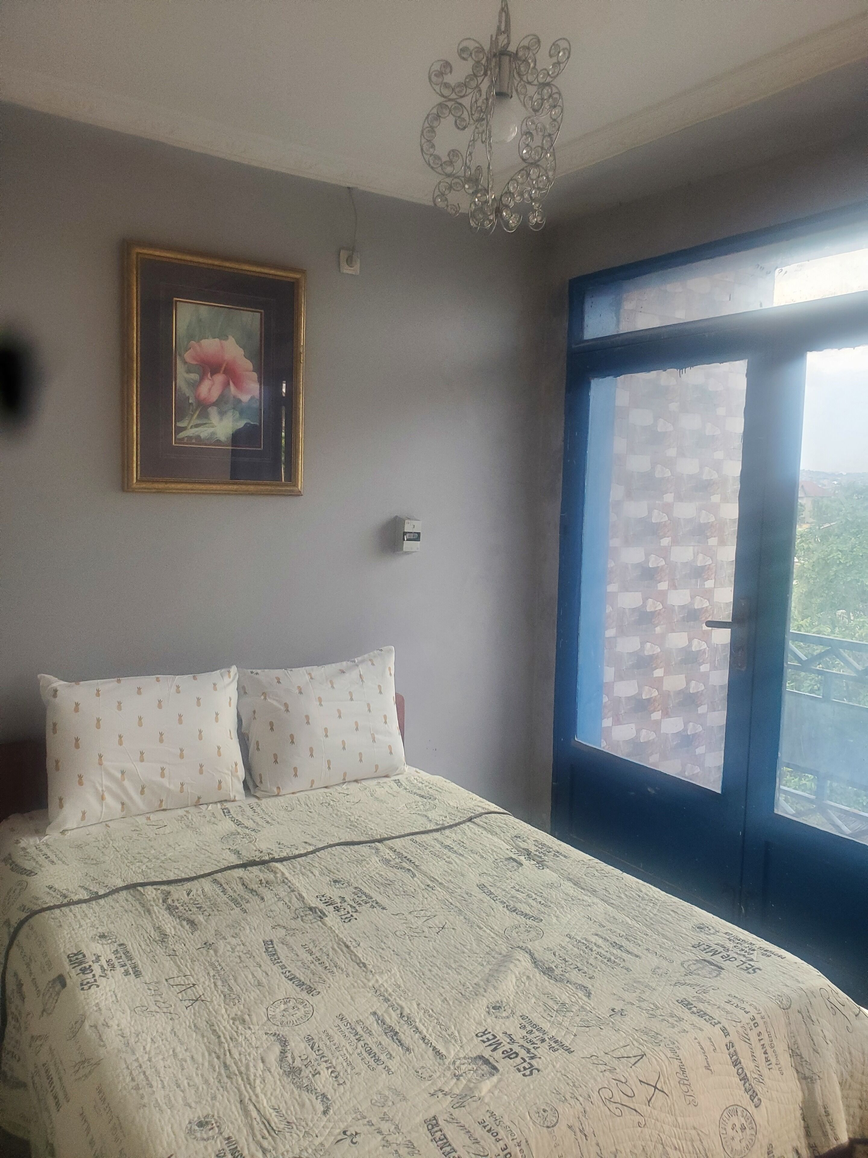 A bedroom with a bed, a framed picture, a chandelier, and a window with a view.