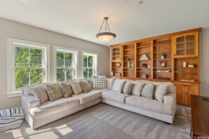 Televisión, chimenea, libros y oficina 