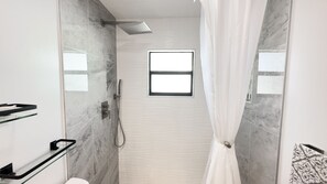 Hair dryer, towels, soap, shampoo