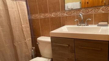 A bathroom with a toilet, sink, and mirror.