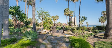 A pathway leading through a garden with palm trees and large green plants.