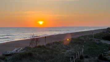 On the beach, sun-loungers, beach towels
