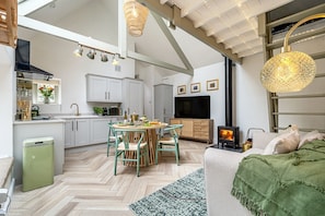 Smart TV, fireplace, books, music library