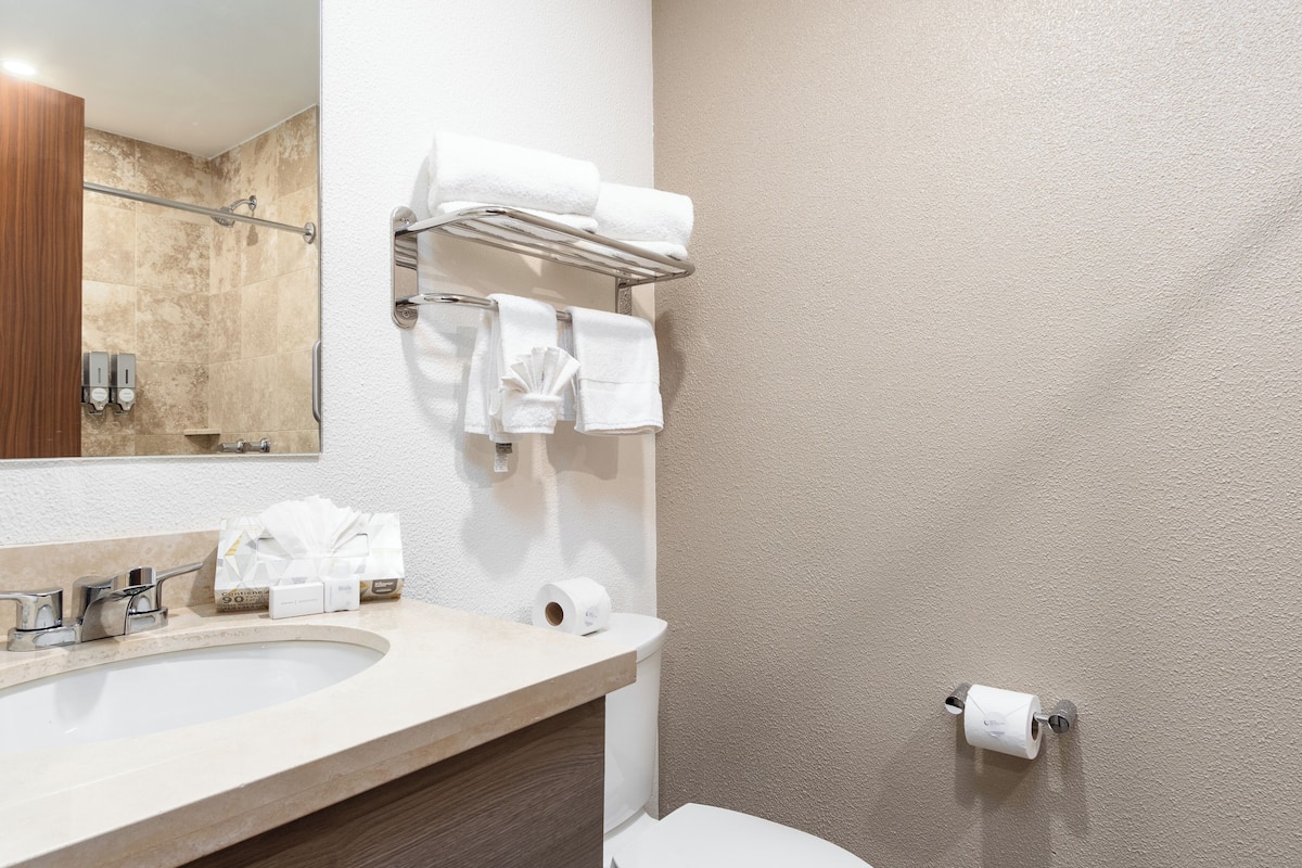 shower, rainfall showerhead, hair dryer, towels