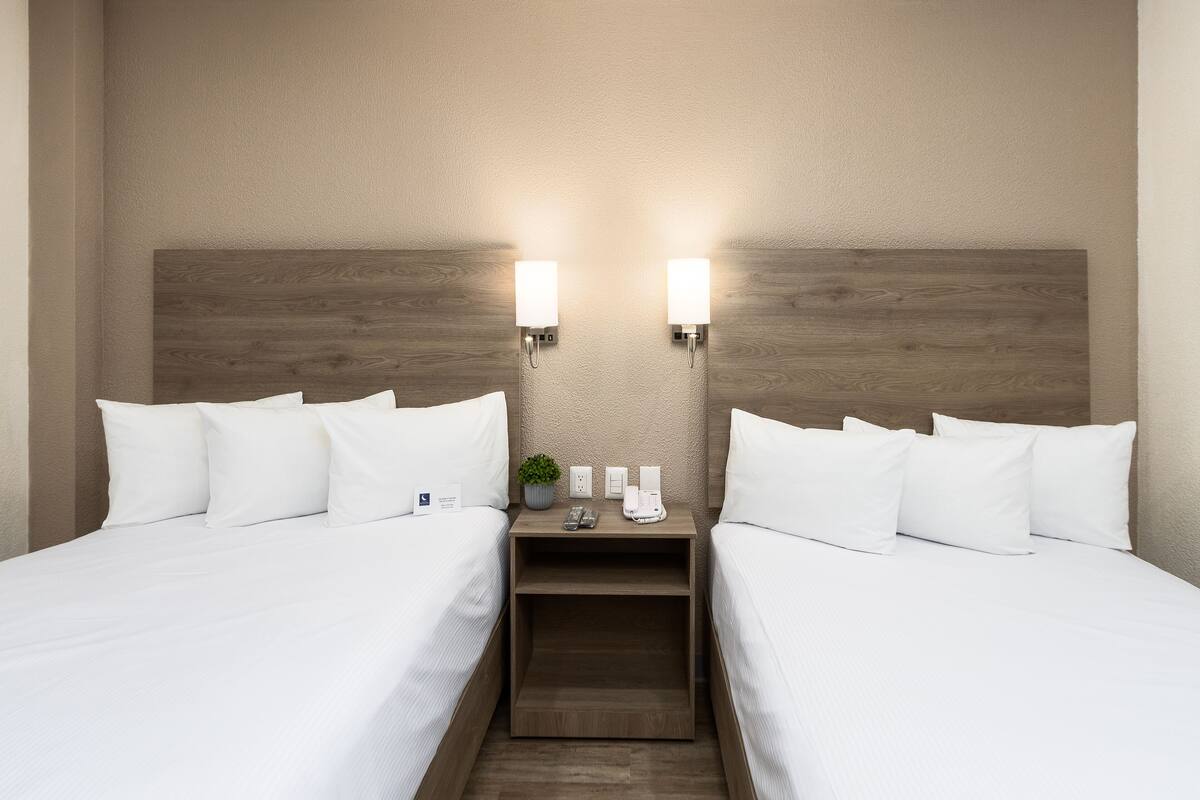 A hotel room with two beds, a wooden headboard, a nightstand with a lamp, and a small plant.