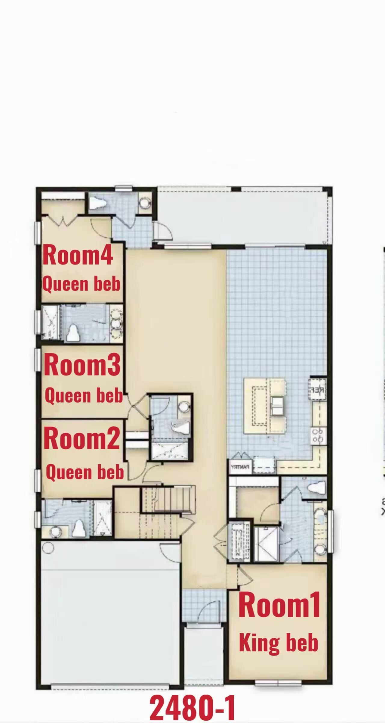 A floor plan of a hotel with three rooms labeled as 'Queen bed' and one labeled as 'King bed'.