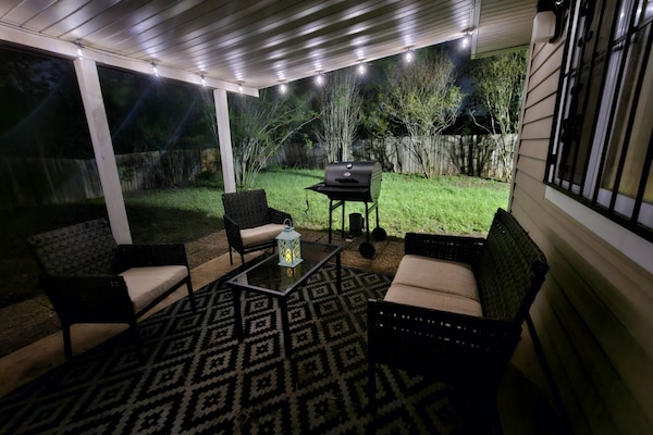 night view of the patio with solar lighting