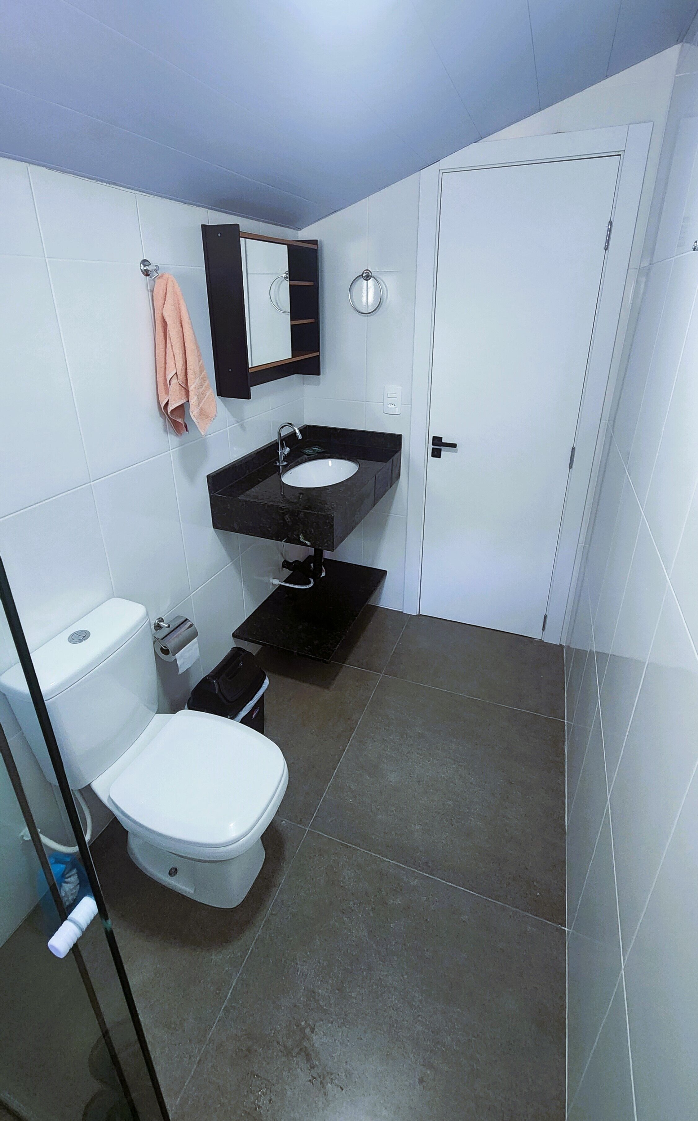 A bathroom with a toilet, sink, mirror, and towel rack.