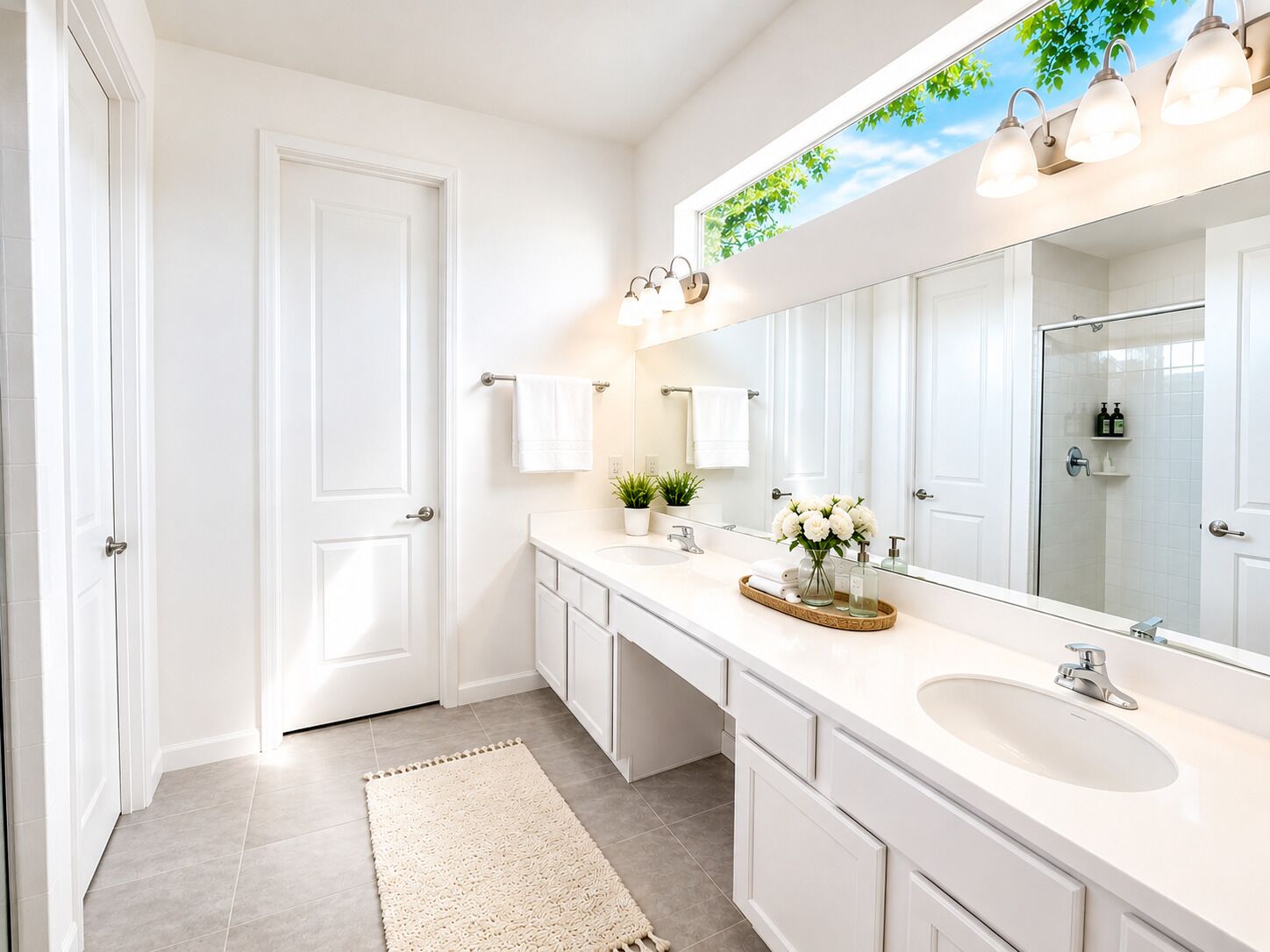 Un baño moderno con un espejo grande, muebles blancos y una zona de ducha.