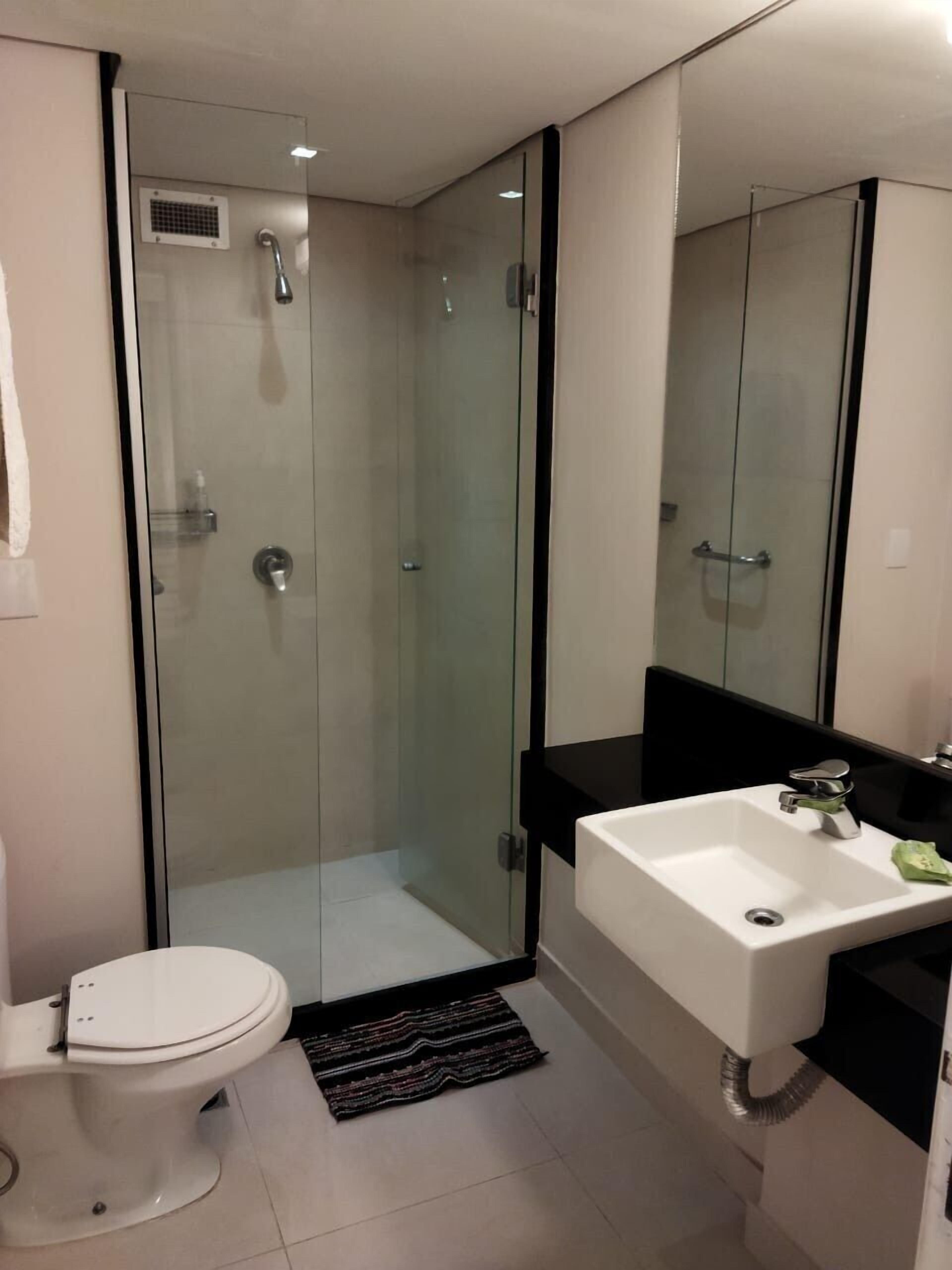 A modern bathroom with a glass shower enclosure, a white sink, and a toilet.