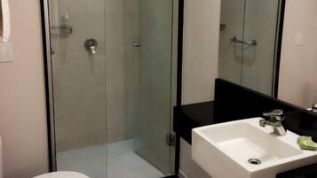 A modern bathroom with a glass shower enclosure, a white sink, and a toilet.