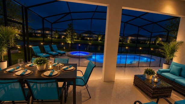An outdoor patio with a dining table set for four, surrounded by blue chairs, a pool, and a hot tub.