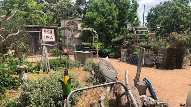 Un entorno rústico al aire libre con una jaula de pájaros, un depósito de agua y diversas plantas.