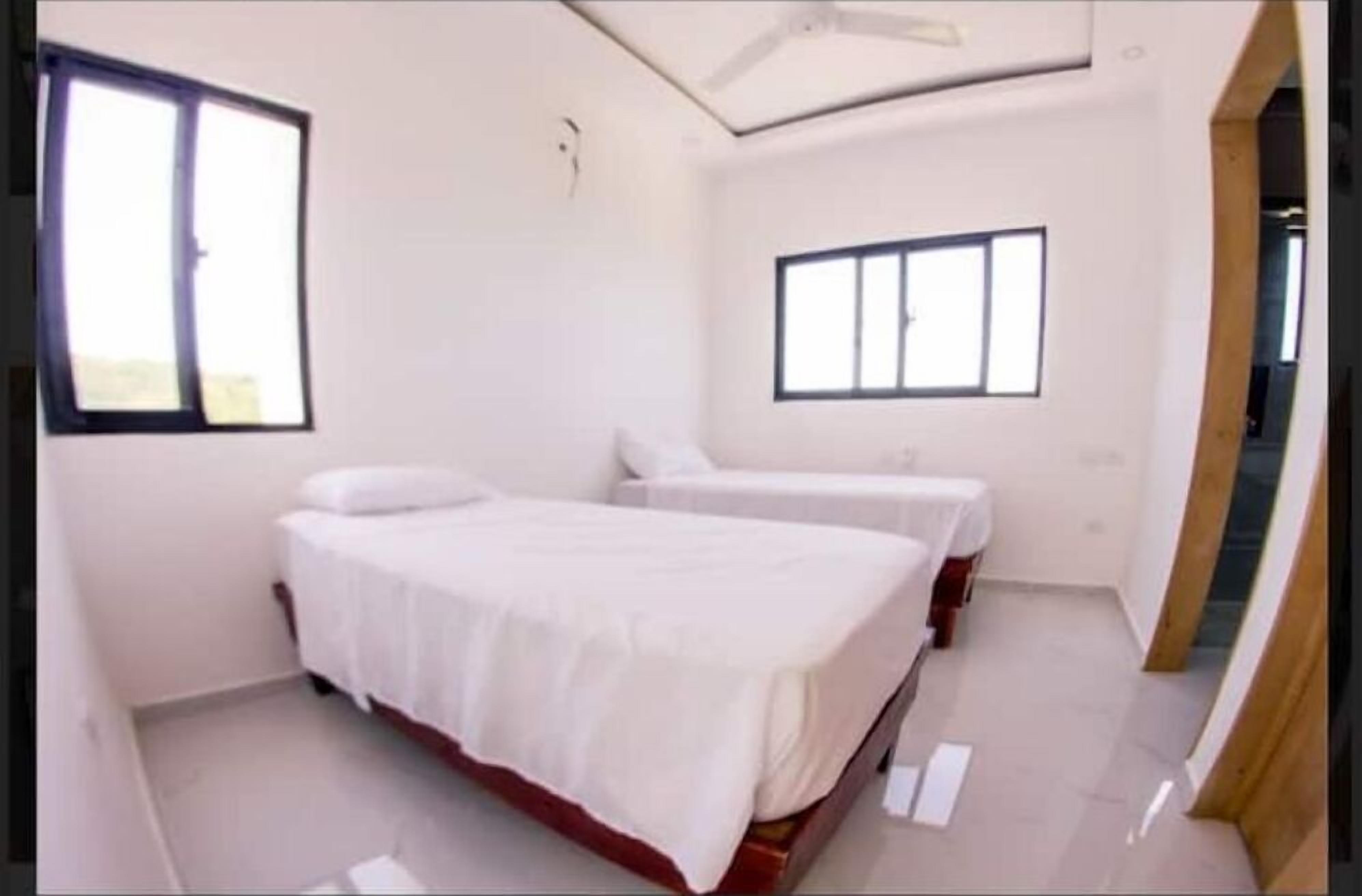 A bedroom with two beds, a ceiling fan, and two windows.