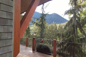 A wooden deck with a metal railing overlooking a forested mountain area. - Waterview Architectural Gem - Romantic Seclusion! (Madeira Park)