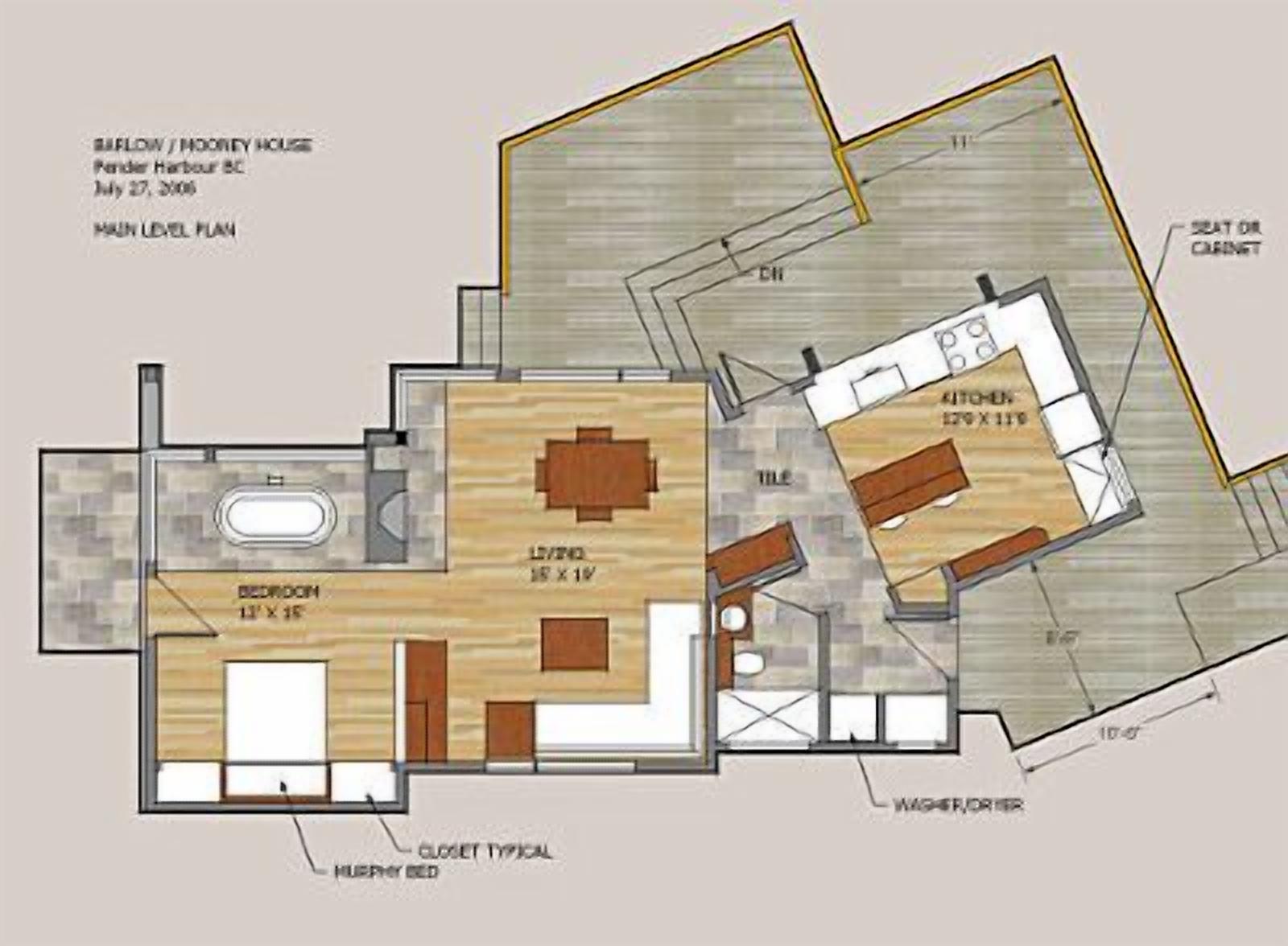 A main level plan of a house with a bedroom, living room, kitchen, and bathroom.