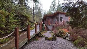 A wooden bridge leading to a house surrounded by dense forest.