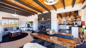 Smart TV, fireplace, video games, DVD player