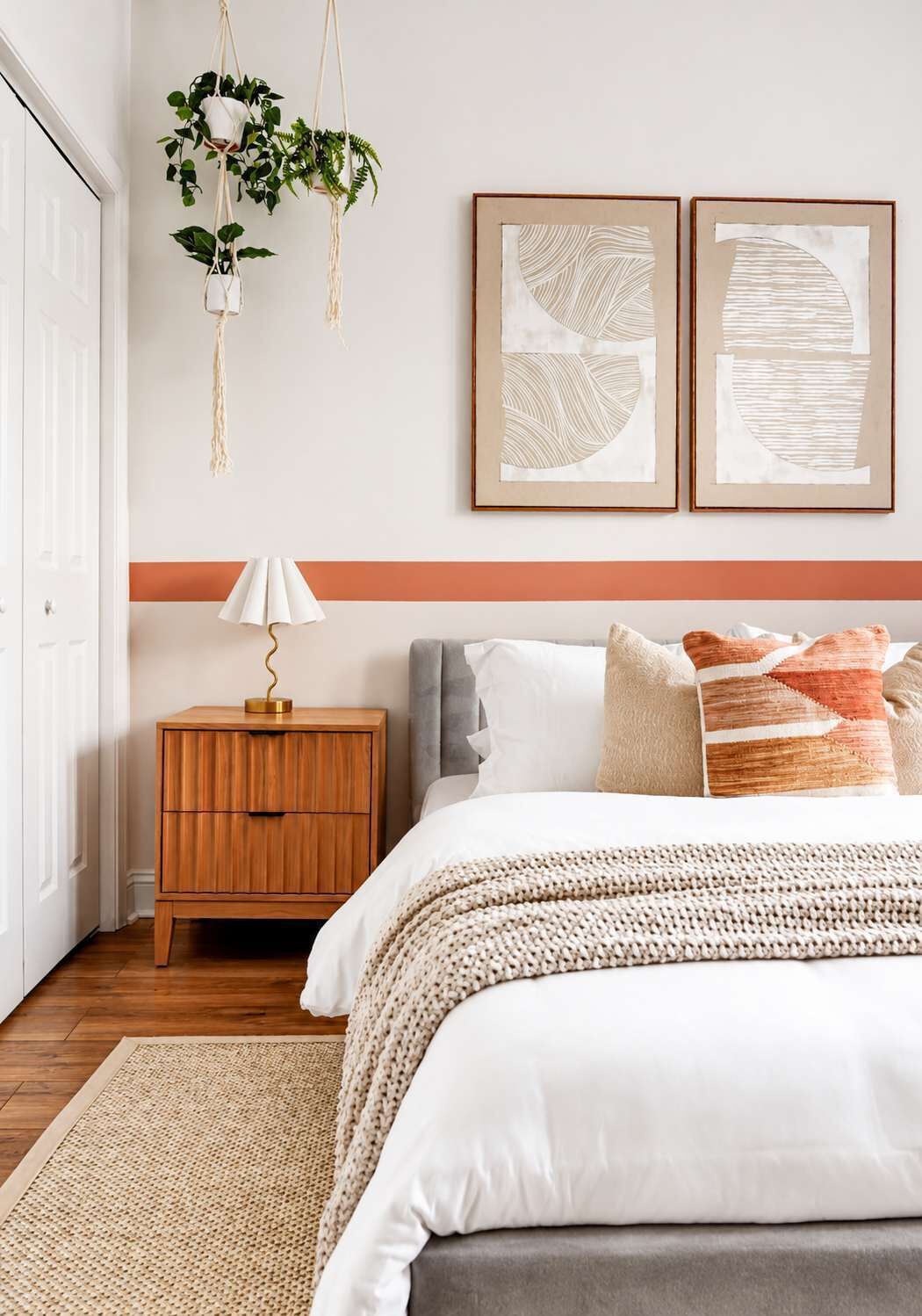 Une chambre à coucher avec un lit, une table de chevet, une lampe et des œuvres d’art murales.