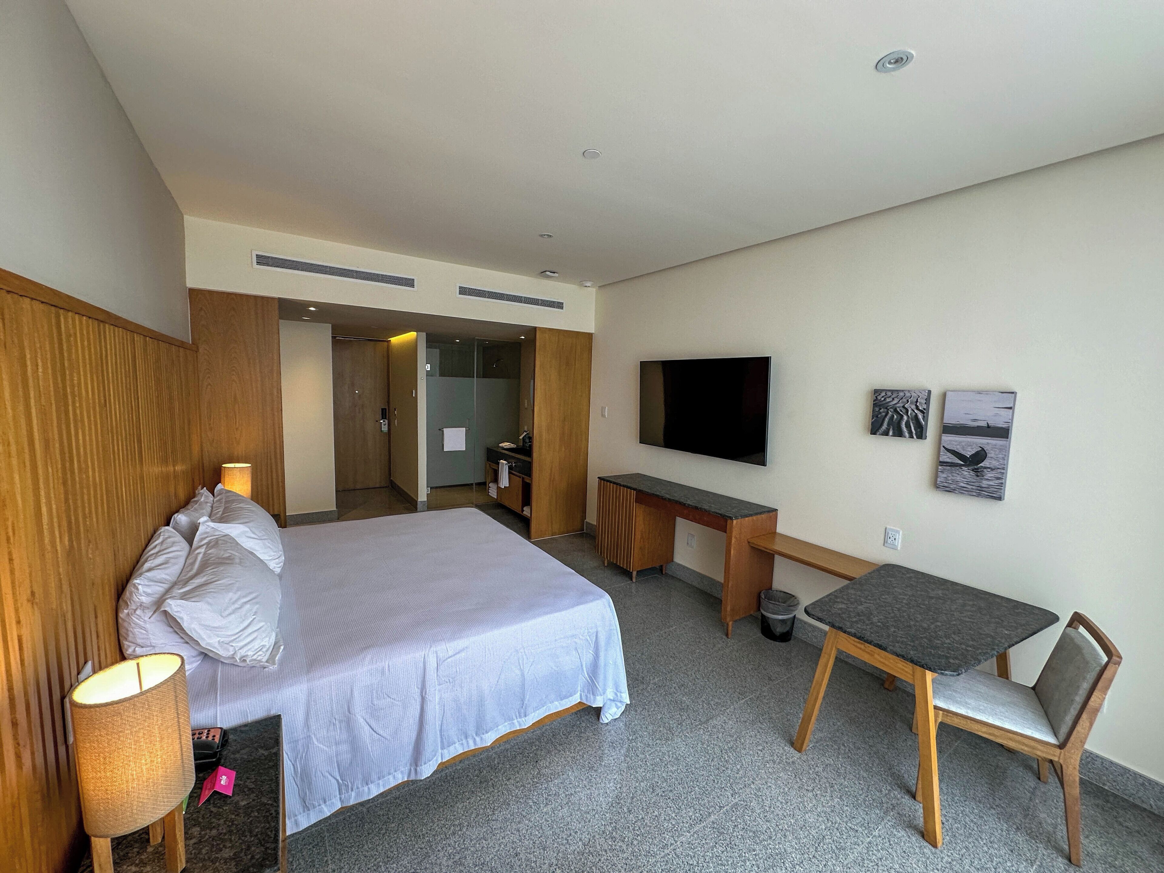 Habitación de hotel con cama, escritorio, televisor y una pequeña mesa con una silla.