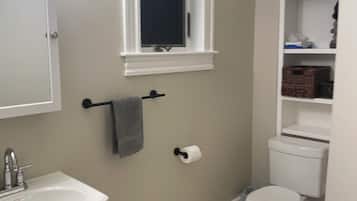 Hair dryer, towels, soap, shampoo