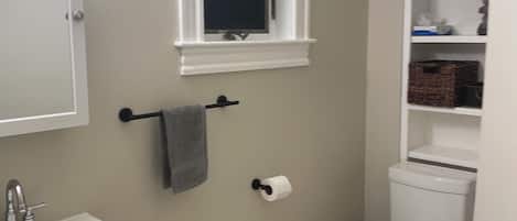 Hair dryer, towels, soap, shampoo