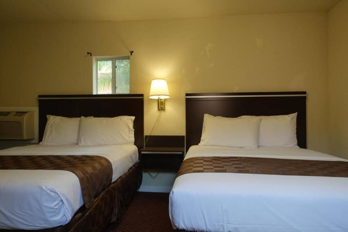 A hotel room with two single beds, a nightstand, a lamp, and a window.